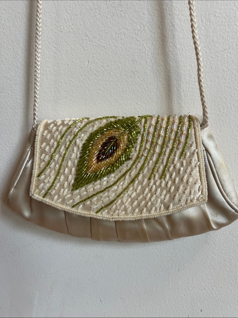 Peacock Ivory Beaded vintage Evening Clutch or shoulder bag